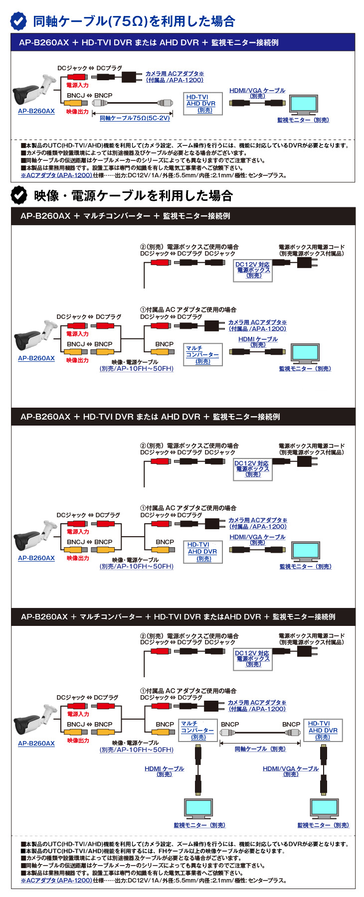 HD-TVI/AHD 電動ズームレンズ搭載 213万画素屋外赤外線防犯カメラ【AP-B260AX】