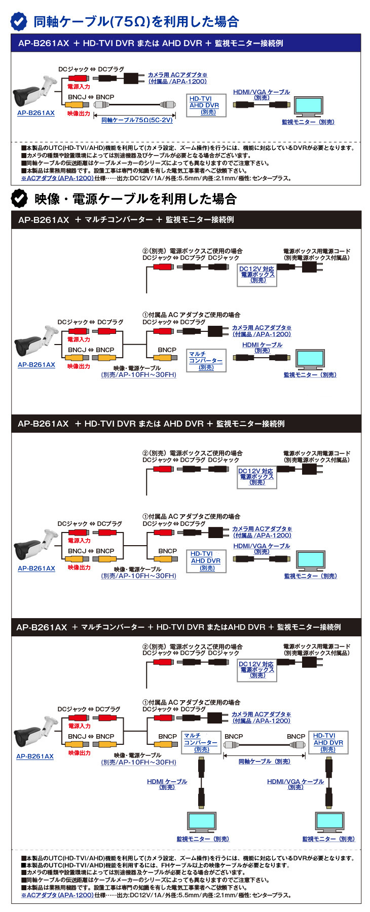 HD-TVI/AHD 電動ズームレンズ搭載 213万画素屋外赤外線防犯カメラ【AP-B261AX】
