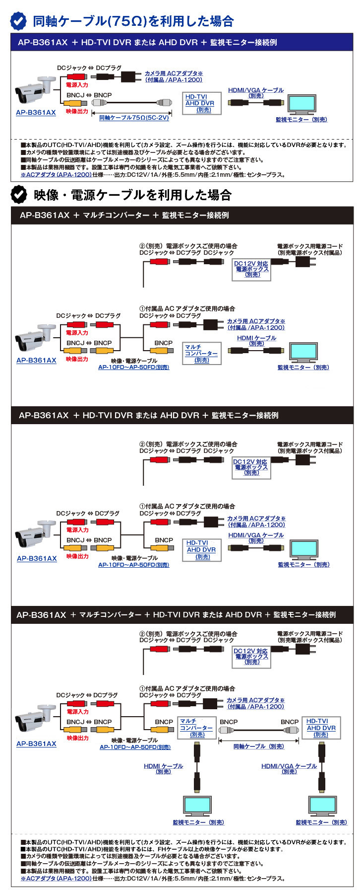 HD-TVI/AHD 電動ズームレンズ搭載 213万画素屋外赤外線防犯カメラ【AP-B361AX】