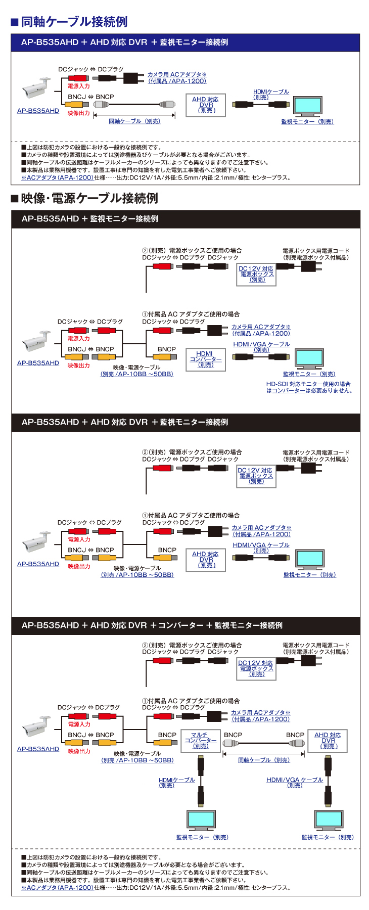 AHD-M/CVBSハウジング型130万画素防雨赤外線監視カメラ【AP-B535AHD】の接続イメージ